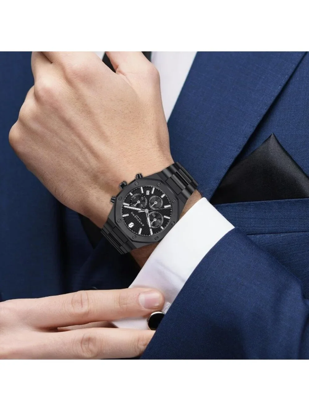 Men's Black Chronograph Quartz Movement Stainless Steel Luxury Date Wrist Watch